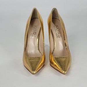 Michel Kors Womens Classic Pumps Gold Metal High Heels Snake Texture 8.5